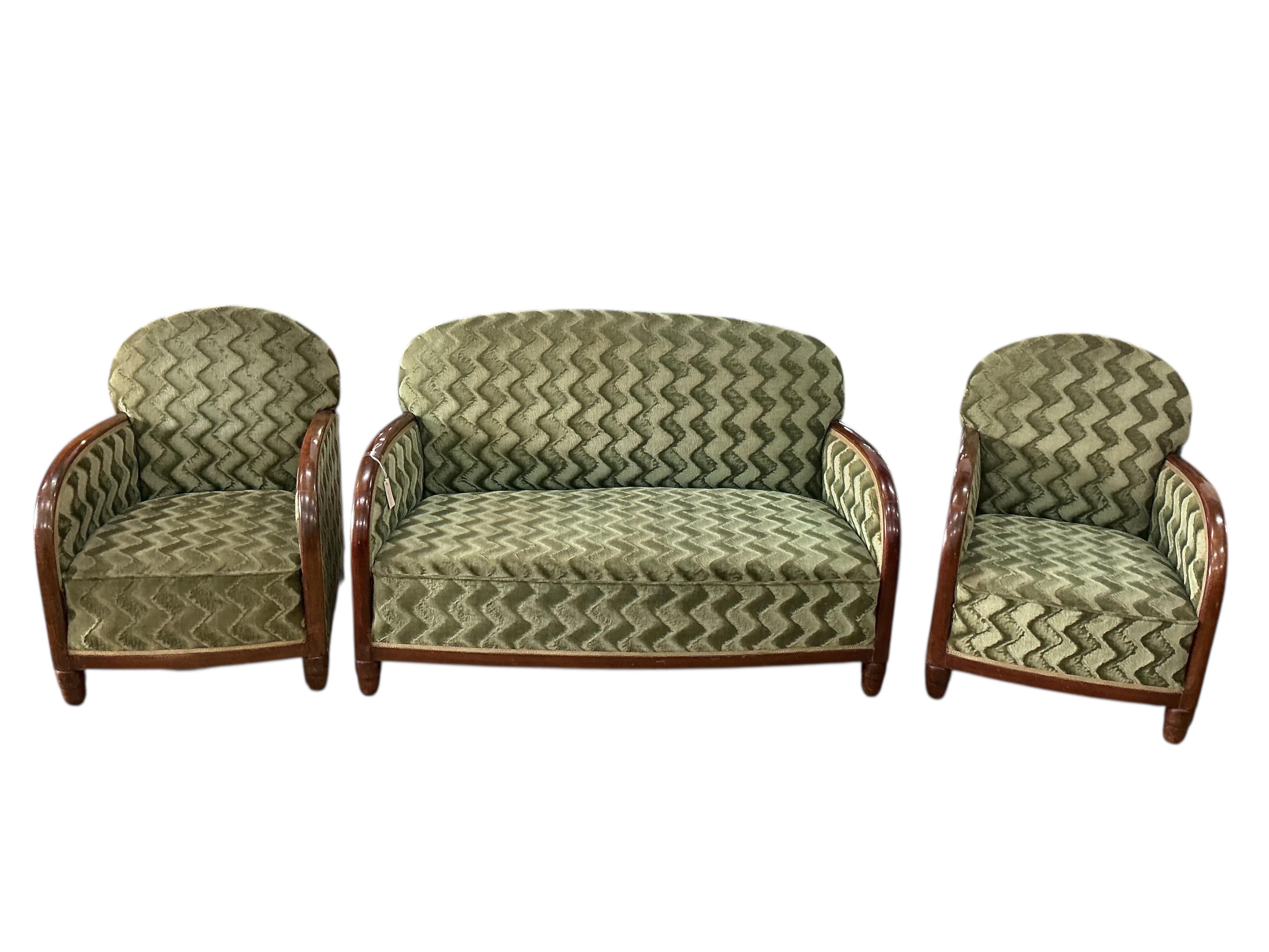 A French Art Deco upholstered beech three piece suite, settee width 128cm, depth 70cm, height 76cm